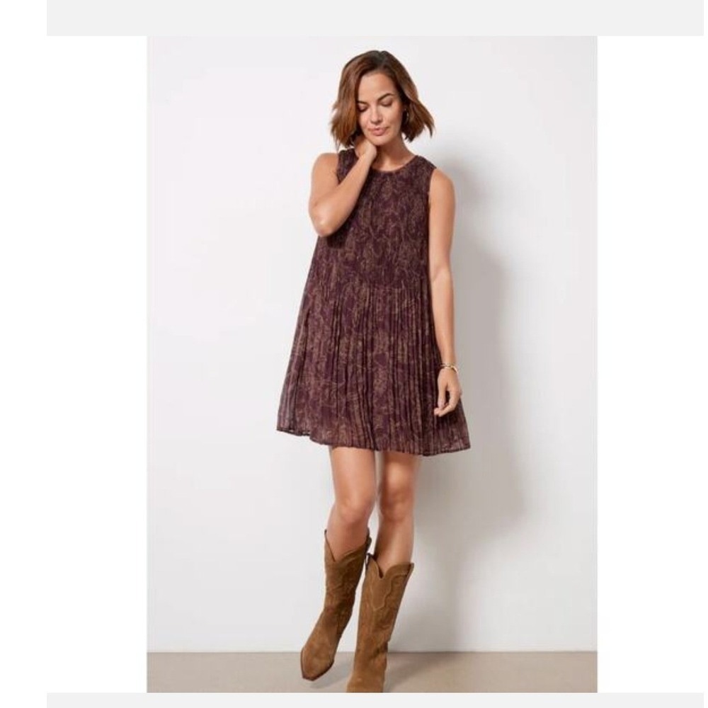 Evereve Hazel Short Shift Plisse Dress Burgundy Floral Sleeveless Mini NWT S